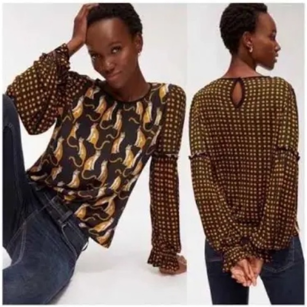 Anthropologie Blank London Women's Cheetahs Long Sleeve Blouse with ruffles